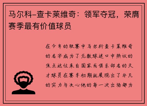 马尔科-查卡莱维奇：领军夺冠，荣膺赛季最有价值球员